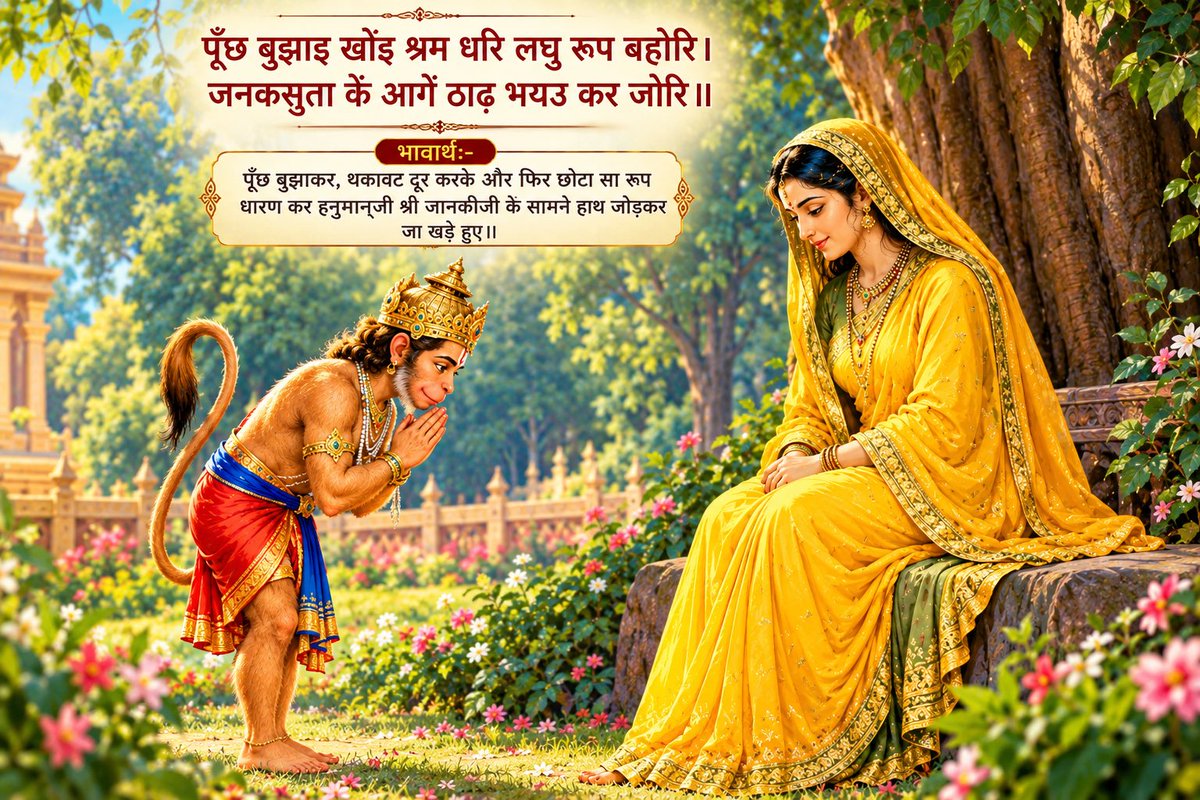 Ramlal's tweet photo. ॥सुंदर कांड॥

पूँछ बुझाइ खोइ श्रम धरि लघु रूप बहोरि।
जनकसुता कें आगें ठाढ़ भयउ कर जोरि॥

भावार्थ:-पूँछ बुझाकर, थकावट दूर करके और फिर छोटा सा रूप धारण कर हनुमान्‌जी श्री जानकीजी के सामने हाथ जोड़कर जा खड़े हुए॥

#RamCharitManas
#SundarKand https://t.co/EV0UzQWgKC
