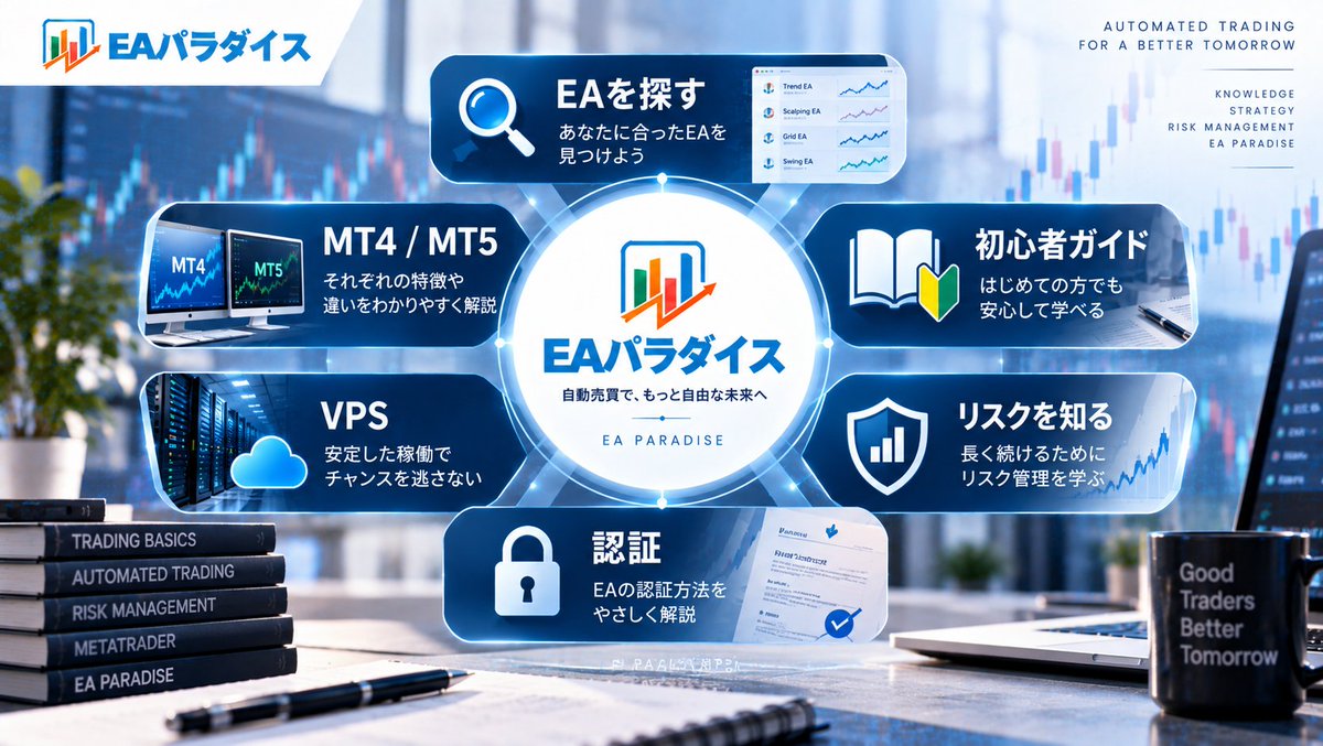 EA_Paradise's tweet photo. 「EAに興味はあるけど、専門用語が多すぎる…」

そんな人のために、EAパラダイスでは

EAの基礎から
MT4 / MT5、VPS、設置方法、認証、リスク、EA選びまで。
“分からないまま始めない”ための情報をまとめています。

EAを探す前の情報収集にもどうぞ👇
https://t.co/JdYWMjlmcy

#EAパラダイス #EA #FX自動売買 #FX初心者 #MT4 #MT5