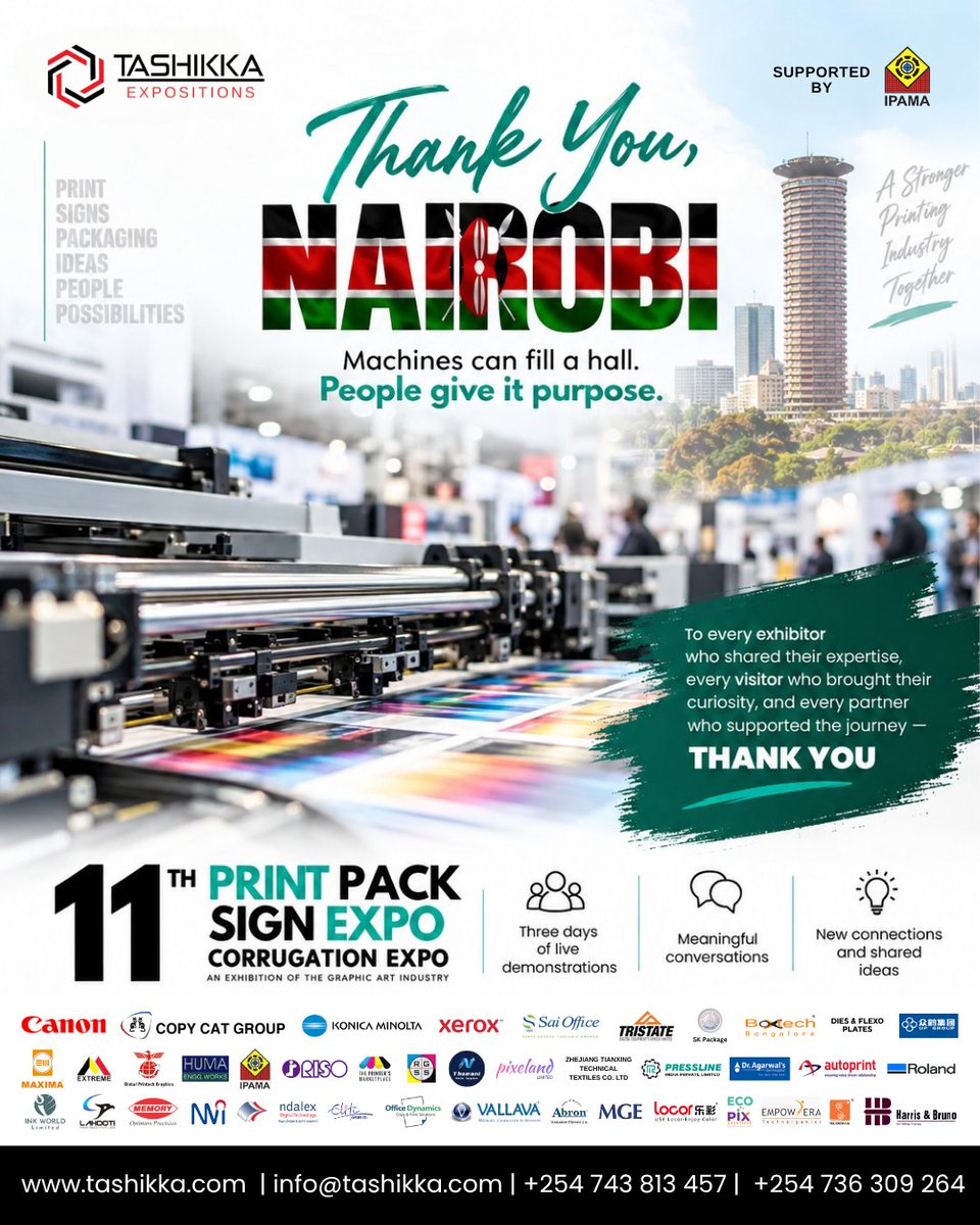 MiraMathew's tweet photo. Machines can fill a hall, but people give it purpose! 🇰🇪✨
A massive THANK YOU, Nairobi!

The 11th Print Pack Sign Expo &amp; Corrugation Expo has officially wrapped up, and we are blown away by the energy, innovation, and collaboration over the past three days. https://t.co/I6Y5e6XJmT