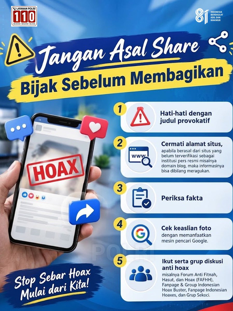 pidhumas1944's tweet photo. Jangan buru-buru percaya hanya karena sebuah informasi terlihat meyakinkan. Sebelum membagikan, berhenti sejenak dan periksa faktanya. #BijakSampaikanAspirasi dan Polri Siap Humanis Mengawal Pendapat Masyarakat
@bidhumas_jatim https://t.co/WISB8oQUWP