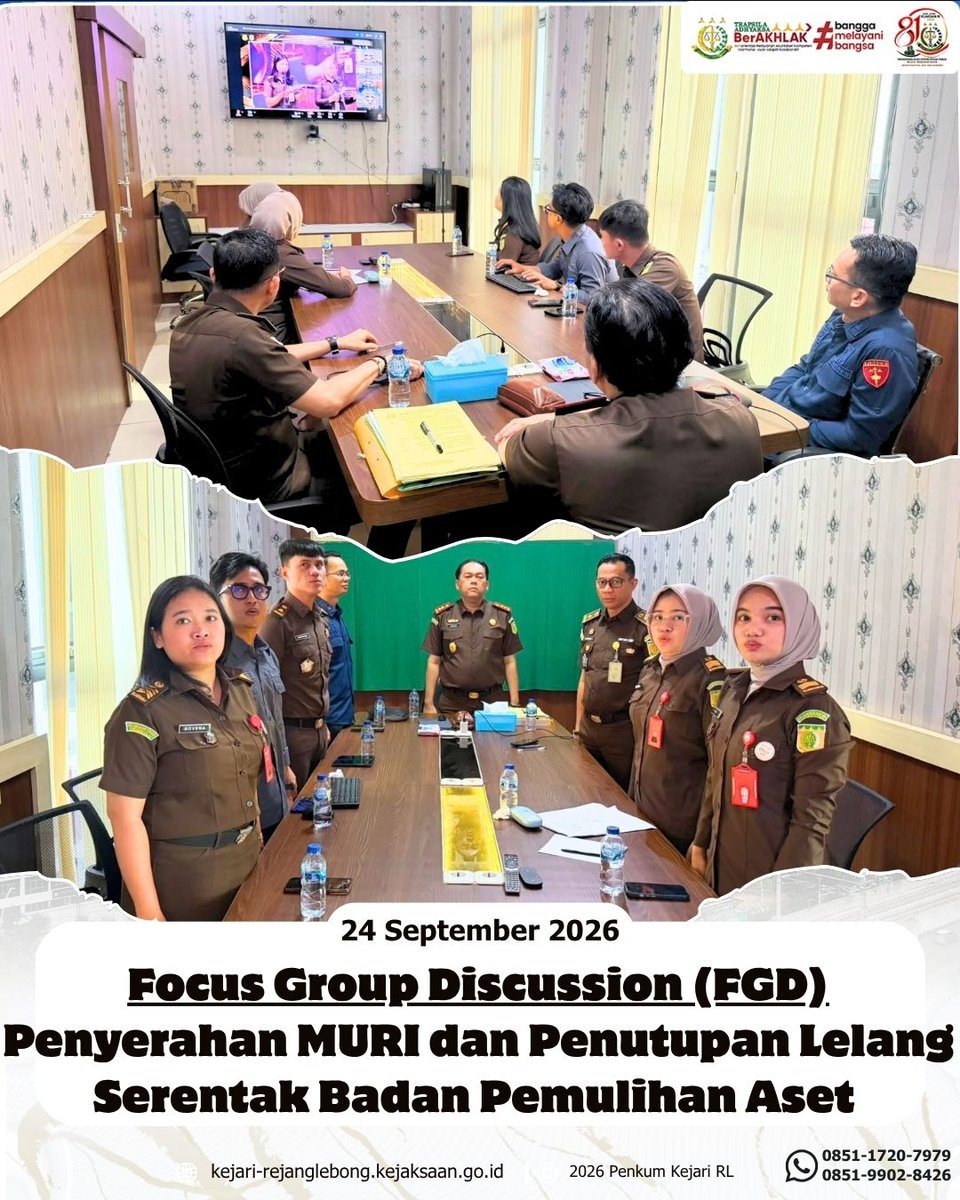 kejariRL's tweet photo. Kamis, 24 September 2026.
Kepala Kejaksaan Negeri Rejang Lebong, Kasubag pembinaan, kasi Pidsus, kasi Pidum Mengikuti Zoom Meeting Focus Group Discussion (FGD), Penyerahan MURI dan Penutupan Lelang Serentak Badan Pemulihan Aset https://t.co/g3k1k8CMx5