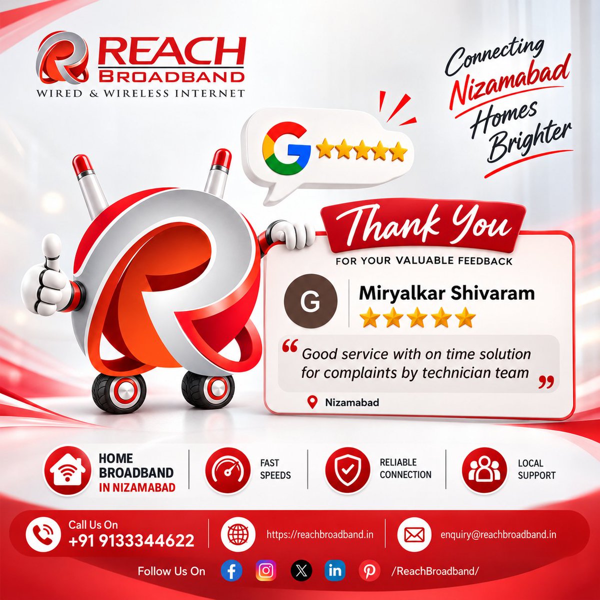Reach_Broadband's tweet photo. #ReachBroadband #CustomerFeedback #ThankYou #NizamabadUsers #HappyCustomers #HomeBroadband #FastSpeeds #ReliableConnection #LocalSupport #BroadbandConnection #HighSpeedInternet #TelanganaInternet #RangareddyBroadband #HomeWiFi #FastInternet #InternetService #WiredInternet https://t.co/f5iB8AhEmG