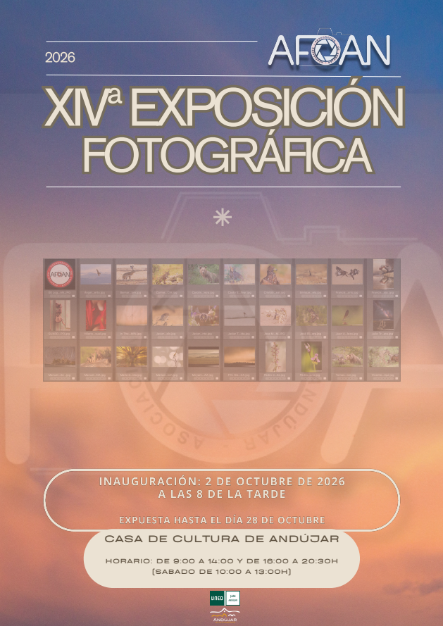 UnedJaen's tweet photo. 📸✨ XIV Exposición @afoan

El próximo 2 de octubre, Andújar se llenará de imágenes y creatividad con la inauguración de la XIV Exposición Fotográfica AFOAN 2026.
📍 Casa de la Cultura de #Andújar
📅 2 de octubre
🕗 20:00 h
#Fotografia https://t.co/967FrBSHqO