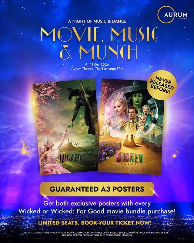 GSCinemas's tweet photo. Two posters with one never-before-seen design. 👀
Here’s another reason to join us for #LaLaLand, #Wicked or #WickedForGood at Movie, Music & Munch! ✨
You’ll now receive 2 guaranteed A3 posters with special effects, including an exclusive design that has never been released before. 🖼️
Come for the movie and bites, stay for the dance floor, and leave with something special to remember it by.
🎟️ Limited seats remain, get your tickets now before they’re gone! 🥹