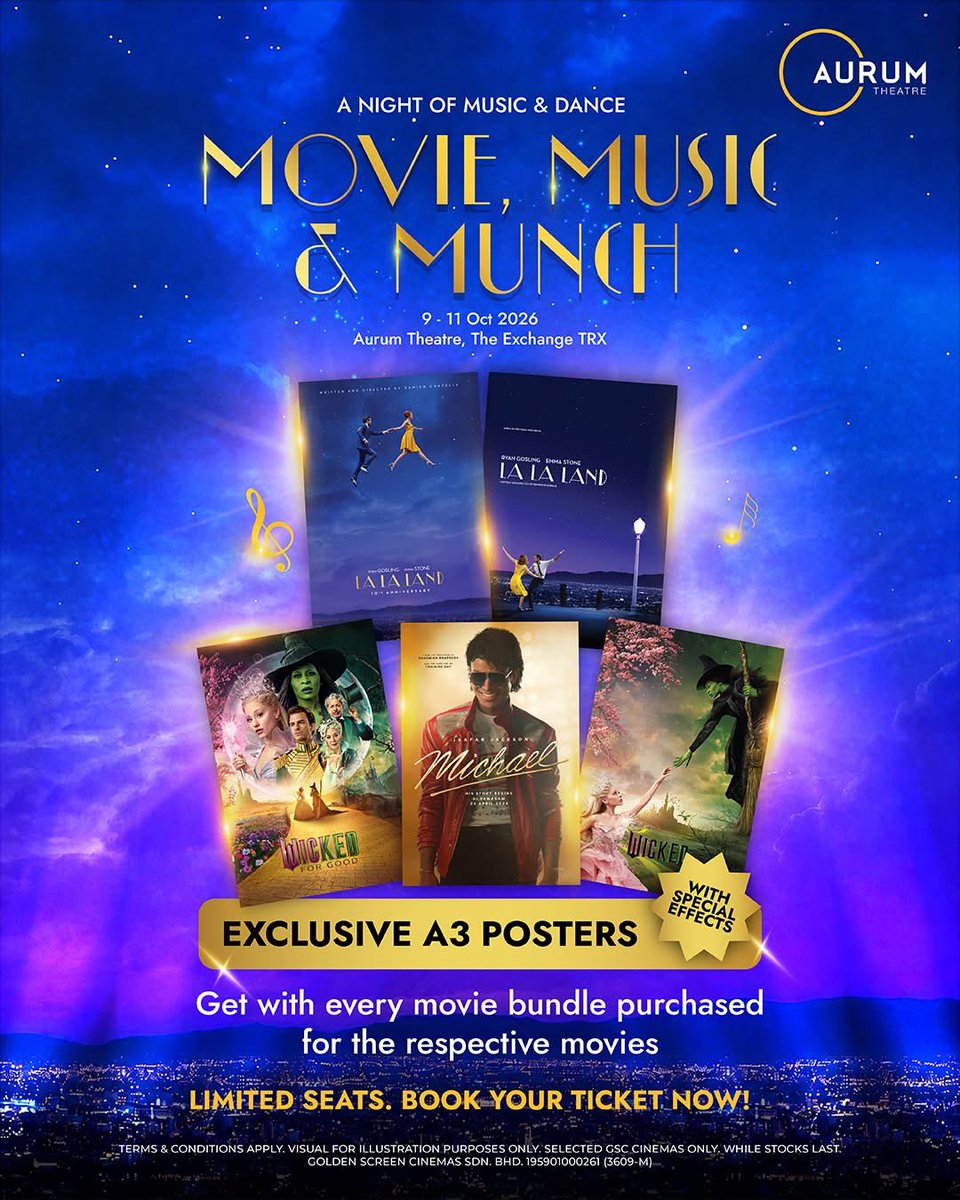 GSCinemas's tweet photo. Two posters with one never-before-seen design. 👀
Here’s another reason to join us for #LaLaLand, #Wicked or #WickedForGood at Movie, Music & Munch! ✨
You’ll now receive 2 guaranteed A3 posters with special effects, including an exclusive design that has never been released before. 🖼️
Come for the movie and bites, stay for the dance floor, and leave with something special to remember it by.
🎟️ Limited seats remain, get your tickets now before they’re gone! 🥹