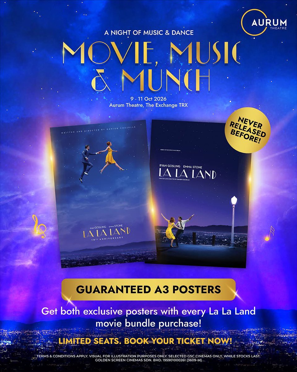 GSCinemas's tweet photo. Two posters with one never-before-seen design. 👀
Here’s another reason to join us for #LaLaLand, #Wicked or #WickedForGood at Movie, Music & Munch! ✨
You’ll now receive 2 guaranteed A3 posters with special effects, including an exclusive design that has never been released before. 🖼️
Come for the movie and bites, stay for the dance floor, and leave with something special to remember it by.
🎟️ Limited seats remain, get your tickets now before they’re gone! 🥹