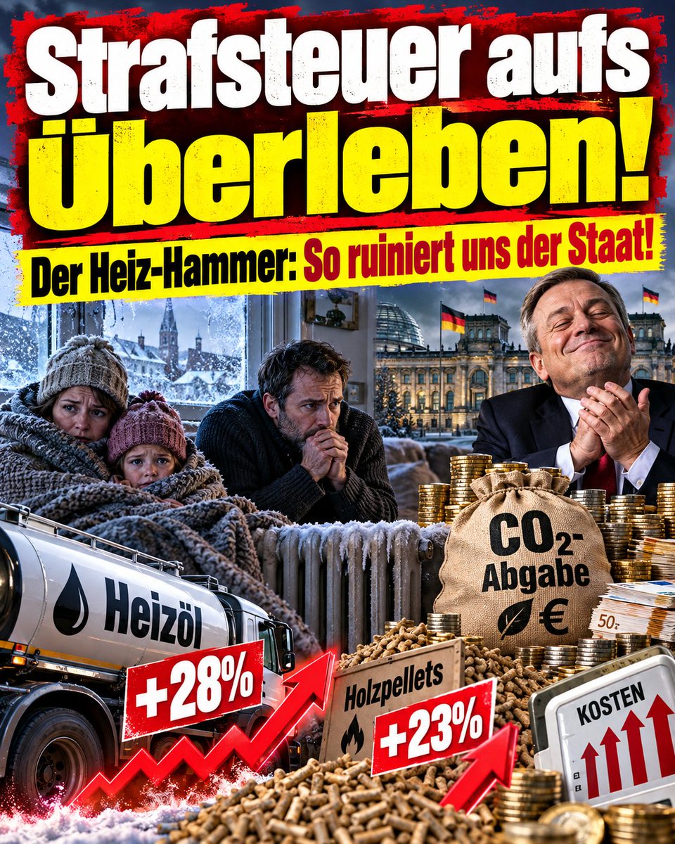 Bernd_Kaiser_BD's tweet photo. Willkommen im grünen Wirtschaftswunder 2026! Der Winter naht, und die frohe Botschaft aus Berlin lautet: Heizen wird endgültig zum Luxus. Heizöl wird mal eben 28 Prozent teurer, Holzpellets legen um 23 Prozent zu.

Natürlich brennt der Nahe Osten, und die blockierte Straße von Hormus treibt die Weltmarktpreise in die Höhe. 
Aber keine Sorge, der Staat hilft tatkräftig mit, damit der Schmerz beim Bürger auch wirklich ankommt! 
Die staatliche CO2-Abgabe klettert munter auf bis zu 65 Euro pro Tonne. 
Das macht dann gepflegte 20 Cent Aufschlag pro Liter Heizöl aus – quasi als Strafzettel fürs Überleben im Winter. 
Und ab 2028, wenn der EU-Zertifikatehandel zuschlägt, droht die völlige Preisexplosion.

Besonders zynisch: Auch die einst politisch hochgelobten Holzpellets werden unbezahlbar. Warum? 
Weil die Baukonjunktur derart am Boden liegt, dass in den Sägewerken nicht mal mehr genug Sägespäne abfallen. 
Die handfeste Wirtschaftskrise vernichtet jetzt also auch noch das Heizmaterial. Kann man sich nicht ausdenken.

Aber einer reibt sich im Warmen die Hände: 
Ex-Vizekanzler Robert Habeck. Der verdingt sich nun als Berater bei einer Investmentgesellschaft, die rein zufällig blendend an genau dem Heizungsgesetz verdient, das er selbst brutal durchgepeitscht hat. 
Politische Verantwortung zahlt sich eben aus – auf dem eigenen Bankkonto.

Also, liebe Steuerzahler: 
Zieht den dritten Pullover an, überweist brav eure CO2-Abgabe und freut euch, dass ihr mit eurem frierenden Verzicht die Rendite ehemaliger Minister rettet.

#Heizkosten #CO2Abgabe #Habeck