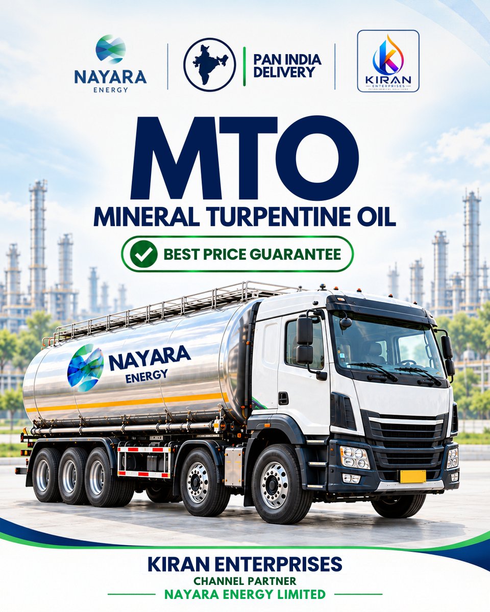 kiranenter1's tweet photo. Nayara MTO — Delivered Across India! 🚛
Get Mineral Turpentine Oil from Kiran Enterprises, channel partner of Nayara Energy Limited.
📩 Contact us for bulk enquiries and the latest rates.
#MTO #MineralTurpentineOil #NayaraEnergy #KiranEnterprises #PanIndiaDelivery https://t.co/m9F7JOq7xL