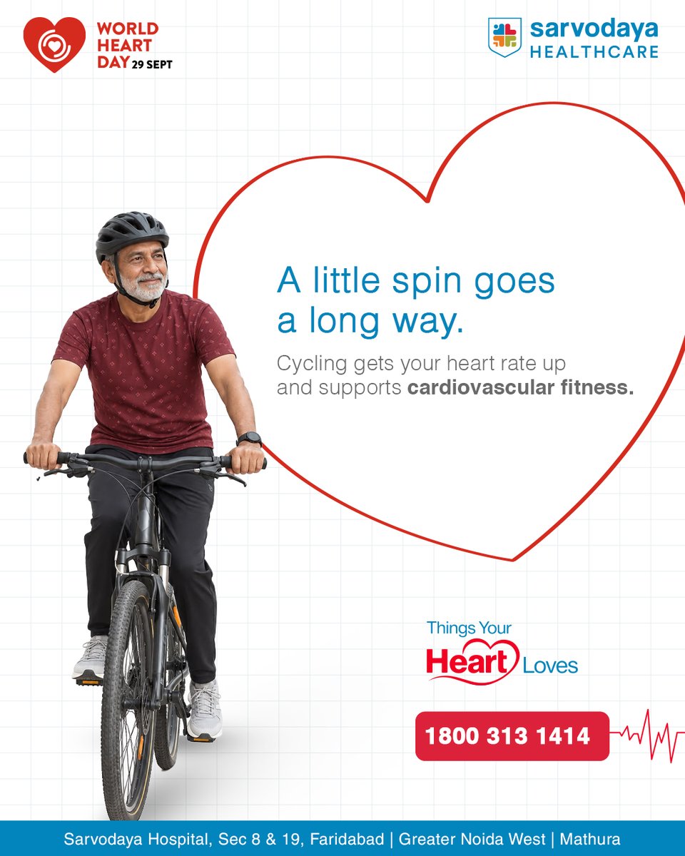 Sarvodaya_Care's tweet photo. Cycling is an aerobic activity that increases heart rate and breathing. Regular aerobic activity helps strengthen the cardiorespiratory system and supports heart health.

#ThingsYourHeartLoves

#sarvodayahealthcare #cyclingforhealth #hearthealth #worldheartday #aerobicexercise https://t.co/B2jrkPundx