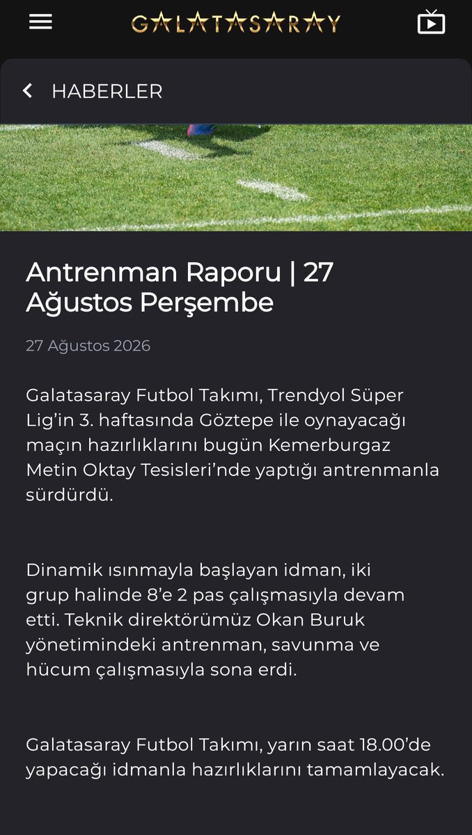hgrck427's tweet photo. Okan Buruk’un antrenman yaptırmadığını söylüyorum, inanmıyorlar. Alıntıladığım twitte Eyüp Aydın zaten aynısını anlatıyor.

GS Plus Premium’dan Göztepe, Başakşehir, Sporting ve Kocaelispor maçları öncesi antrenman notlarını atacağım:

Topla ısınma, 8’e 2 pas çalışması, çift kale maç ve antrenman bitiyor.

Şimdi Okan’ı savunanlar diyecek: "Medyaya her şeyi neden yazsınlar, taktik çalışma yazılmaz"vs.

Ben de onlara şunu diyorum: Yok yok, Okan Buruk’un taktik çalışması yok :)