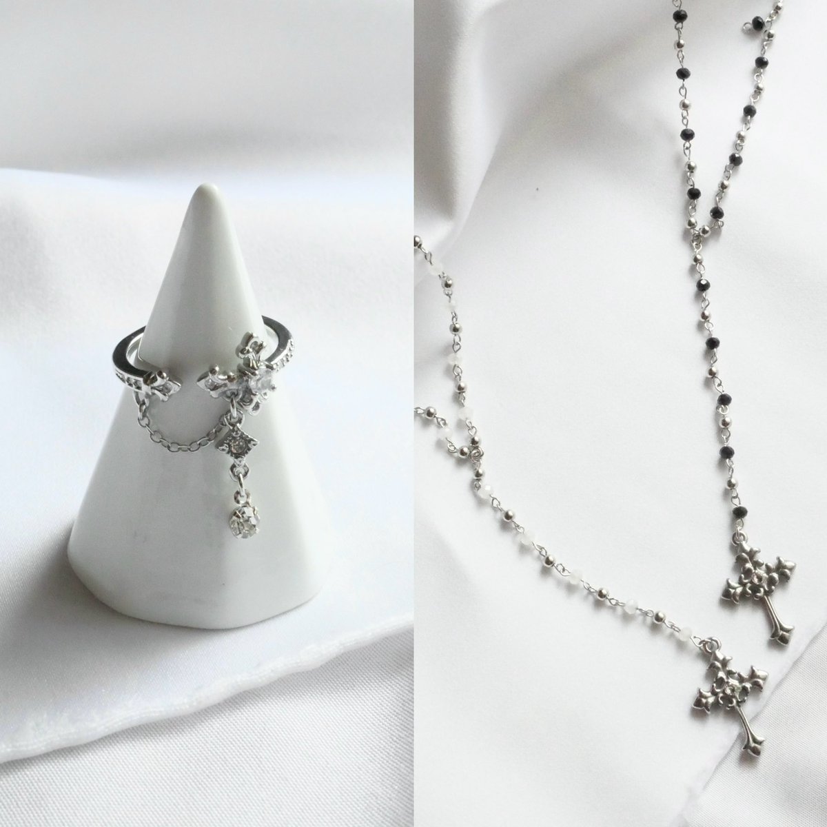 LorE____x_'s tweet photo. LORE Autumn Jewelry Collection⋆˚

【数量限定】Aetheria Ring
￥2,800
クロスとチェーン舞う気品リング

【受注販売】Aetheria Phase
￥3,700
Crescent：光映す白銀の美しいネックレス
Umbral：影を纏いモードに魅せる黒銀の一品

販売期間：9月27日(日) 23:59まで

SHOP▷https://t.co/Npdek2FFc3 https://t.co/CGHwALnLvU