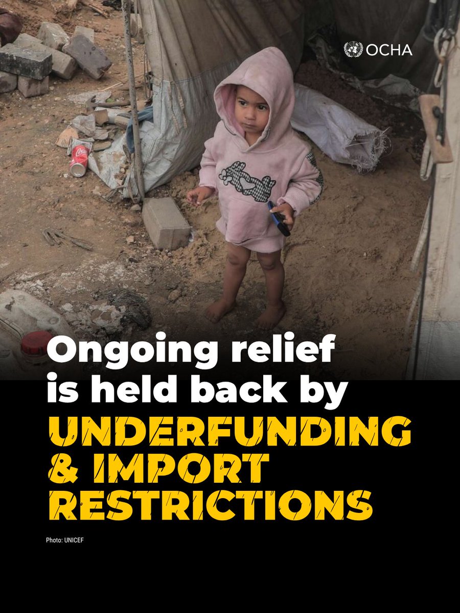 ochaopt's tweet photo. In #Gaza, humanitarian partners are helping people prepare for the rains. But efforts remain severely constrained by funding shortages and restrictions on the entry of essential materials. https://t.co/tNZUHp7ZTd