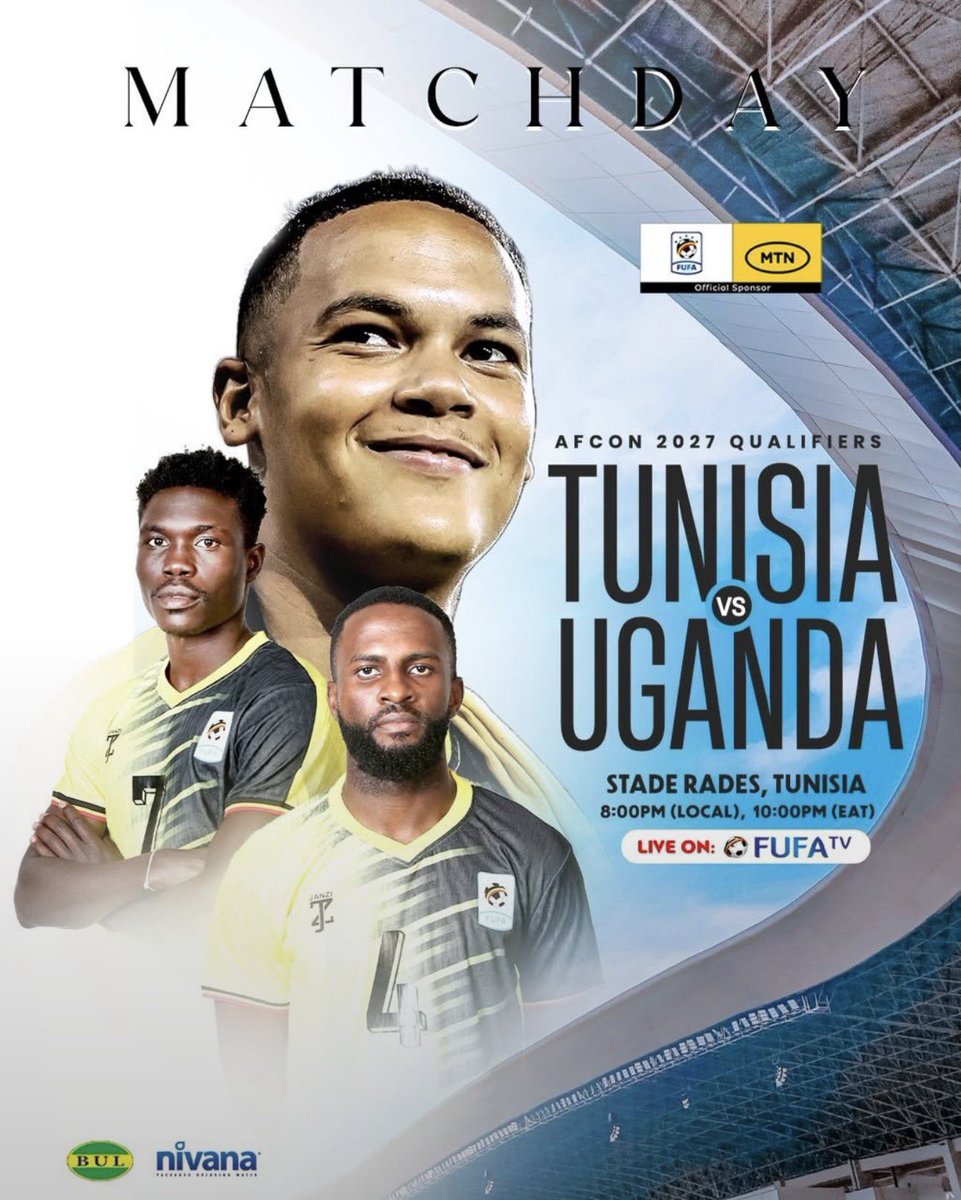 aaronmmitti's tweet photo. MATCHDAY! 🇺🇬

The road to AFCON 2027 continues! The Cranes are back in action tonight as Uganda takes on Tunisia in a crucial qualifier. 

All eyes on Stade Rades. Let’s get behind the boys! 

Tunisia 🇹🇳 vs 🇺🇬 Uganda
🕗 8:00 PM (Local) | 10:00 PM EAT
📺 Live on FUFA TV

#ExploreUganda #UGALBY