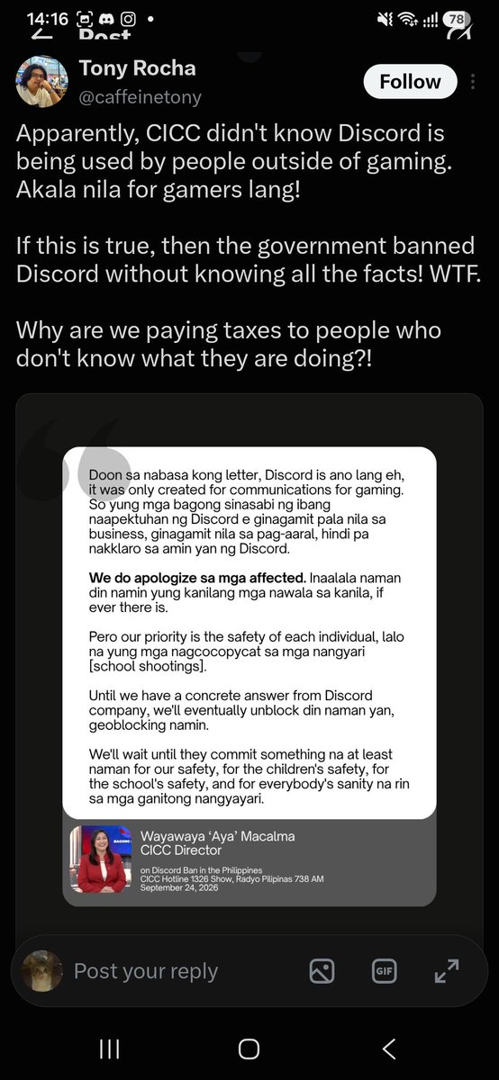 diannizuki's tweet photo. @uhhrene The ban is lifted due to the backlash and some celebrities calling it out but I still can't use discord even the ban is lifted...😭

MATTER IN FACT! the people who banned it (CICC) didn't know people use it OUTSIDE OF GAMING🫠 https://t.co/s6Dj7XqBcj