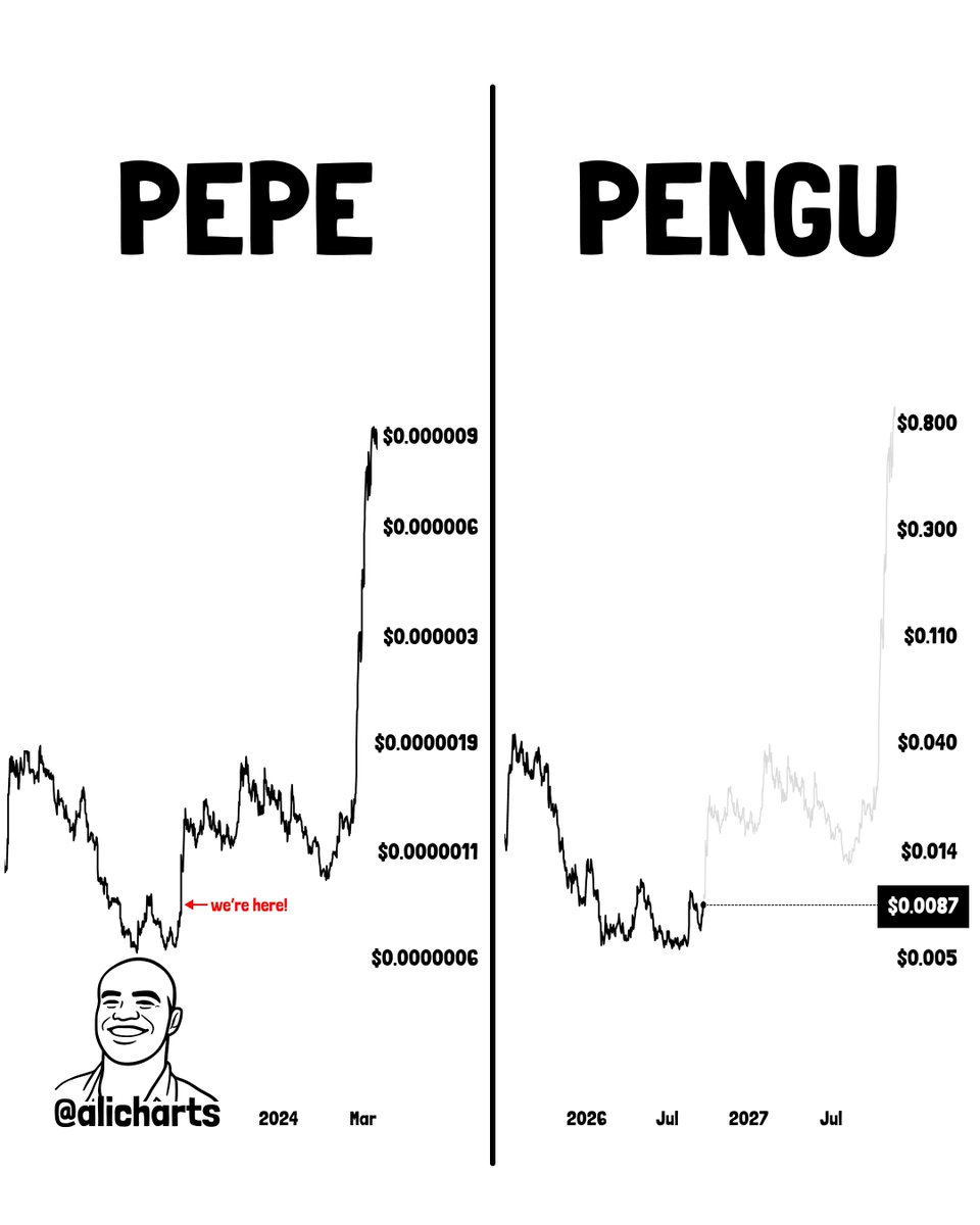 alicharts's tweet photo. BUY THE DIP: PENGU ABOUT TO EXPLODE

Every major ecosystem eventually produces a meme coin that becomes bigger than the meme itself.

For Ethereum, that was $PEPE. For Solana, I think that could be $PENGU.

And the price structure is starting to look very familiar.

When you compare PEPE’s early expansion, correction, accumulation, and eventual breakout against PENGU, the fractal is hard to ignore.

Both went through:

• Explosive initial attention
• A reset from the highs
• Months of consolidation
• A massive rally as liquidity returned

Now PENGU appears to be entering the part of the cycle where PEPE began its biggest expansion.