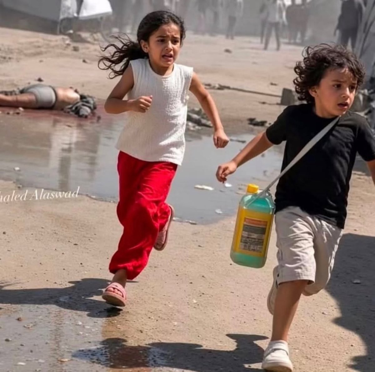 gazanotice's tweet photo. ⚠️Sensitive Content ⚠️
Two terrified children flee after an Israeli strike explodes right beside them in Gaza.

Behind them lies the bloodied body of a Palestinian man killed in the bombing.

The children are carrying a plastic container to collect drinking water.

This is the reality of childhood in Gaza‼️