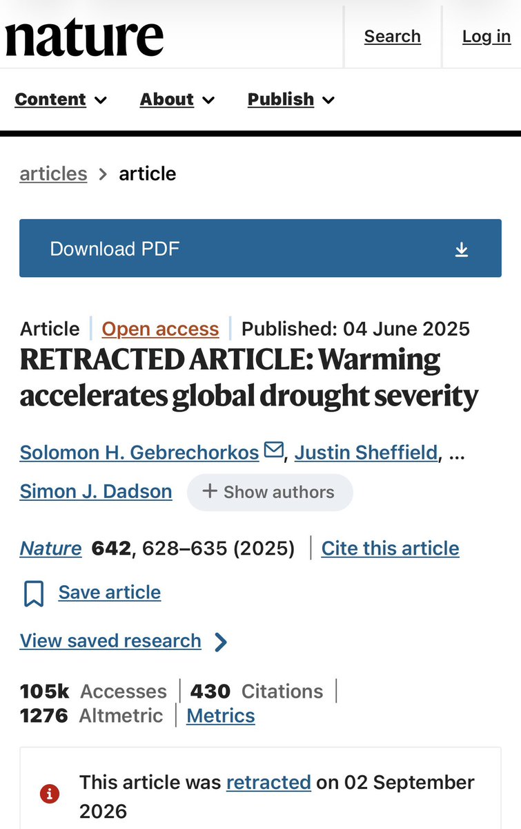 FLMIRONES's tweet photo. #MIRONEWS SE RETIRA DE NATURE UN ESTUDIO QUE AFIRMABA QUE LAS SEQUÍAS EMPEORAN POR EL CAMBIO CLIMÁTICO. Decía que la gravedad de las sequías ha aumentado desde 1981, en realidad en los últimos años en comparación la sequía era 1/6 de la que afirmaban. Un aullido. https://t.co/5HOtvmuF7J
