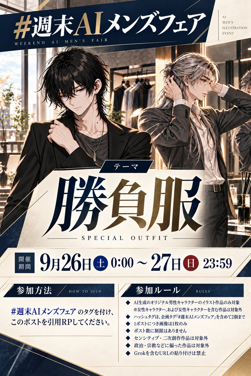 ByakuyaZER0's tweet photo. 今週も土日限定企画『 #週末AIメンズフェア 』を開催します。

こちらの企画では、AI生成のオリジナル「男性キャラクター」のイラスト作品が対象になっています。

男性キャラクターであれば年齢不問です（赤ちゃんからお年寄りまで大歓迎です）。

-----

【 テーマ 】
　勝負服

【 開催期間 】
　9月26日（土）0:00～27日（日）23:59

【 参加方法 】
　企画タグである #週末AIメンズフェア をつけ、このポストを引用RPしてください。

-----

【 参加ルール 】
☆ AI生成のオリジナル男性キャラクターのイラスト作品のみ対象 
※女性キャラクター、および女性キャラクターを含む作品は対象外
☆ ハッシュタグは、企画タグを含めて2個まで
☆ 1ポストにつき画像は1枚のみ
☆ ポスト数に制限はありません
☆ おセンシ・二次創作作品は対象外
☆ 政治・宗教などに偏った作品は対象外
☆ Grokを含むURLの貼り付けは禁止

-----

たくさんのご参加をお待ちしております！