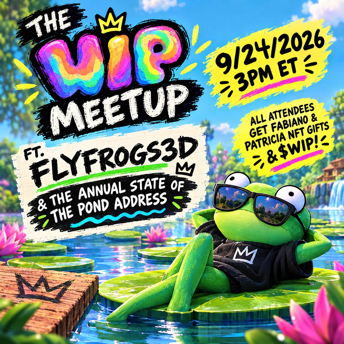theWIPmeetup's tweet photo. TODAY @flyfrog3d updates us on all the pond activities &amp; new happenings!

3 PM ET | 12 PM PT | 8 PM UTC

Get in discord 👉 https://t.co/YDCSz5fkrg https://t.co/LstltkOSj2
