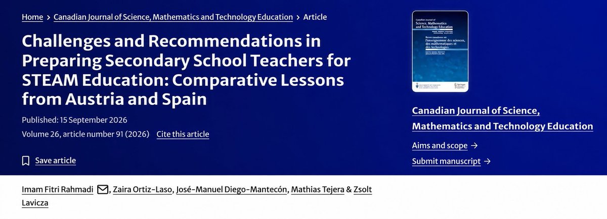 openSTEAMgroup's tweet photo. Happy to share our @CJSMTE article on preparing secondary teachers for STEAM education in Austria and Spain. It highlights context-responsive training and cross-disciplinary collaboration—an outcome of projects linking @unican and @jkulinz.

https://t.co/Bu0nlKtkNY https://t.co/fwFoQr7HXE