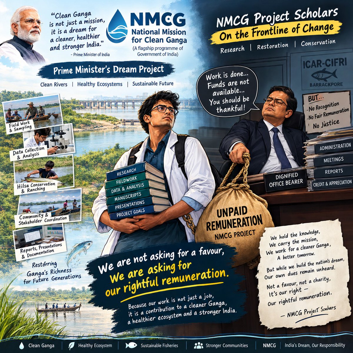 nmcgcifrischlr's tweet photo. #PayOurScholars #JusticeForProjectStaff #NamamiGange #ReleasePendingSalaries #RespectScientists #ICARCIFRI #ReleasePendingDues #JusticeForScholars #PayProjectStaff
We hold the knowledge
We carry the mission,
We work for a cleaner Ganga
For a better tomorrow.
_But while we build the Nation’s dream
Our own dues remain unheard.
Not a favour, not a charity,
It’s our right
Our rightful remuneration._
_ Unfortunate NMCG Scholars
@PMOIndia
@narendramodi
@rashtrapatibhvn
@icarindia
@ICAR_CIFRI
@DoWRRDGR_MoJS
@JalShaktiMin
@cleanganganmcg
@PIBWater
@FisheriesGoI
@LalanSingh_1
@DrJitendraSingh
@PIB_India
@AgriGoI
@ChouhanShivraj
@mygovindia
@likhi_dr
@DrSukantaBJP
@SuvenduWB
@NCWIndia
@CLCMOLE
@NCSC_GoI
@LabourMinistry
@raghav_chadha
@Wangchuk66
@IndiaDST
@ABPNews
@ZeeNews
@DDNewslive
@aajtak
@htTweets
@timesofindia
@the_hindu
@MyAnandaBazar
@DDKisanChannel