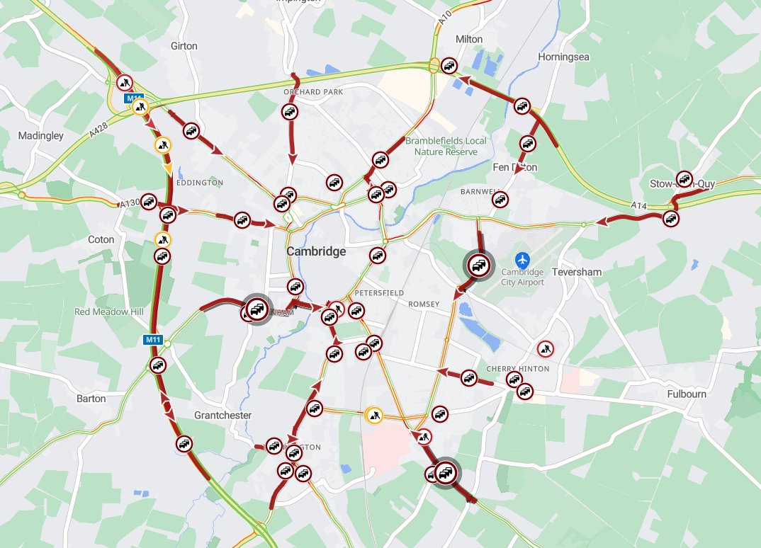 Cambs_Traffic's tweet photo. ⚠️ #Cambridge
DELAYS are building on various routes heading into the city this morning with longer delays being on the:
#A1307 #Babraham Road
#A603 #Barton Road
#A1303 #Madingley Road
#A1134 #Trumpington Road
Please allow extra time for your journey. https://t.co/QdQXmSA7PG