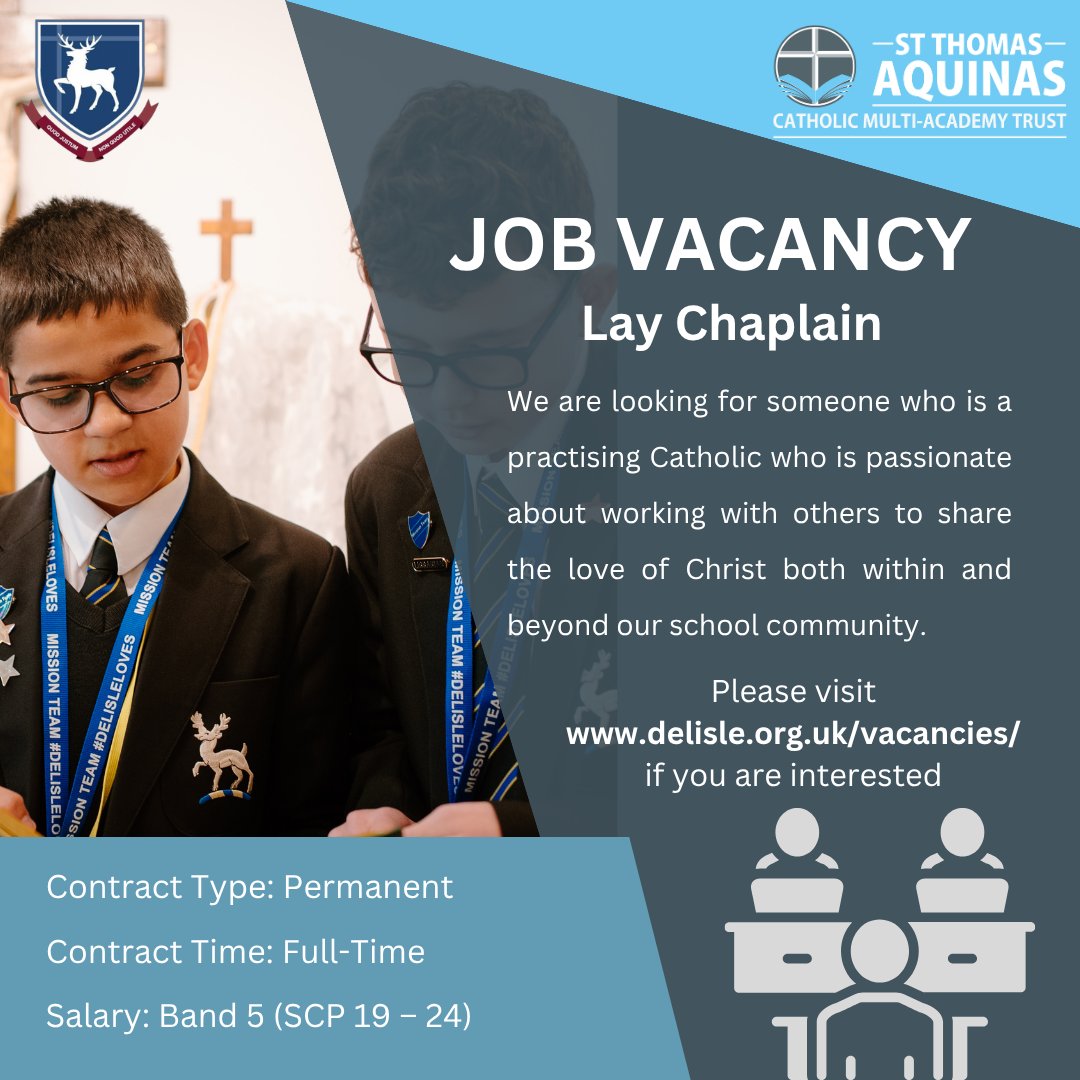 delisleacademy's tweet photo. Vacancy in De Lisle: Lay Chaplain
To apply for this role please visit the vacancies page:
https://t.co/gYi0fKTM8l
#JobOpportunity #laychaplain #JoinOurTeam #DeLisleCollege #RootedAndGroundedInLove #CareerReady #CatholicFaith #leicestershire https://t.co/8junAXTHg5