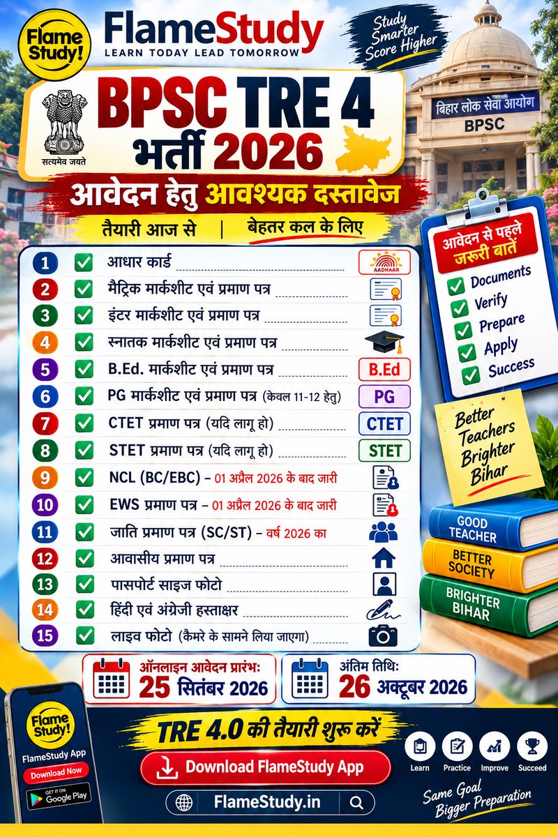 FlameStudy_'s tweet photo. BPSC TRE-4 2026: आवेदन से पहले जरूरी दस्तावेजों की पूरी लिस्ट जारी
#BPSCTRE4 #TRE4 #BPSC #BiharTeacher #TeacherRecruitment #BiharEducation #BiharExam #TRE4Notification #FlameStudy https://t.co/O4j2tJMgaQ