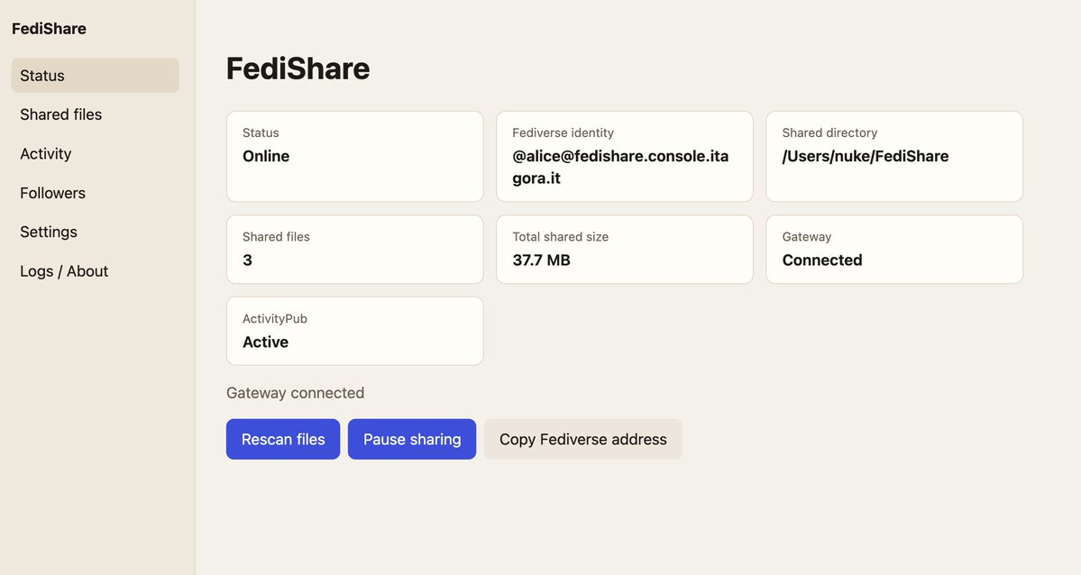 nuke86's tweet photo. hi fedi-friends, I’m developing FediShare.
it’s a #P2P-style server based on #ActivityPub.
you install the desktop client;
you choose a folder to share;
it federates all the content;
and every file becomes a downloadable link across the #Fediverse.
https://t.co/mf8G4ka7vd https://t.co/6zyLEIONYr