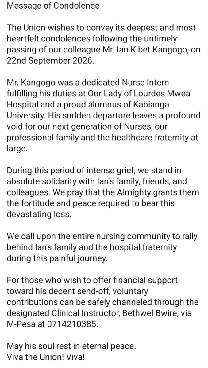 KNUNOFFICIAL's tweet photo. Message of Condolence following the passing of our Nurse Intern: Details: https://t.co/vFYcB1EJQc https://t.co/5q40cDCoX0