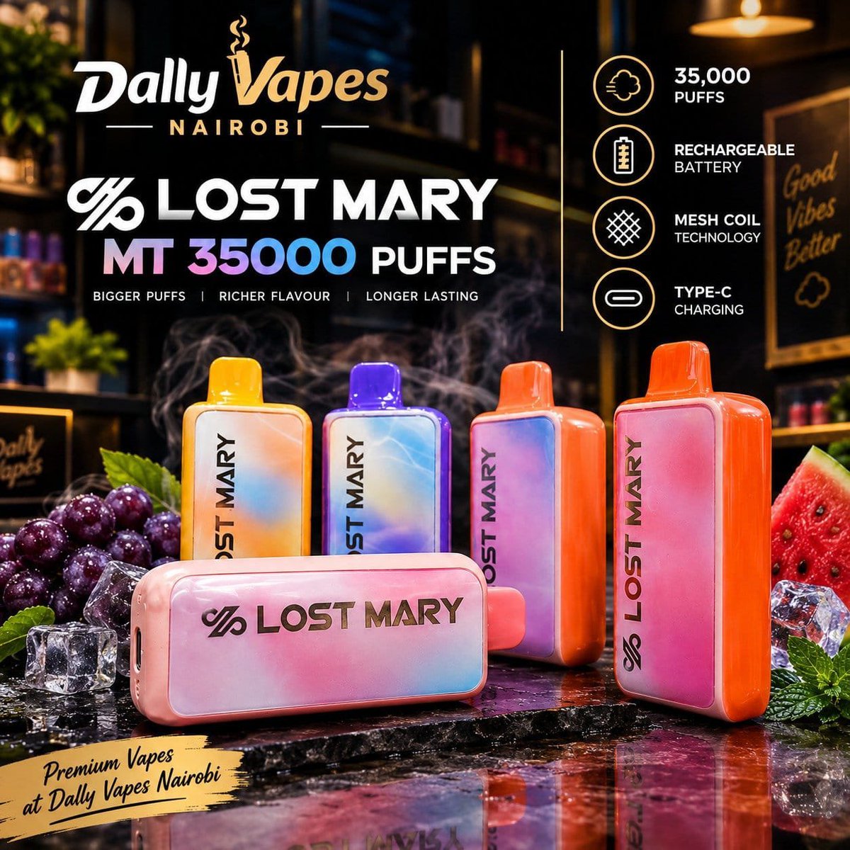 kafangi's tweet photo. Hapa @dally_vapes_nbi tuko na Lost Mary MT 35,000 Puffs rechargeable kit. Features:

*Sleek &amp; compact device 
*Dual Mesh coil technology
*Turbo mode
*50mg/ml
*Thematic display.
*multiple flavour options

Check them on our official website:https://t.co/8Z4FZobZqB

☎️: 0702412512 https://t.co/J0f5T1D3zp