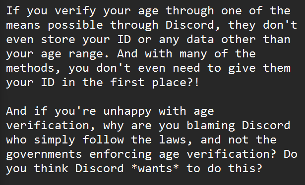 cruggdev's tweet photo. @excalibur_96061 Discord's servers have not been breached and no IDs have been leaked through Discord.

The only leak has been of an external customer service tool, where IDs were leaked by people who *emailed* photos of their IDs to Discord. Which nobody should do in the first place. https://t.co/smjY6ReRSm