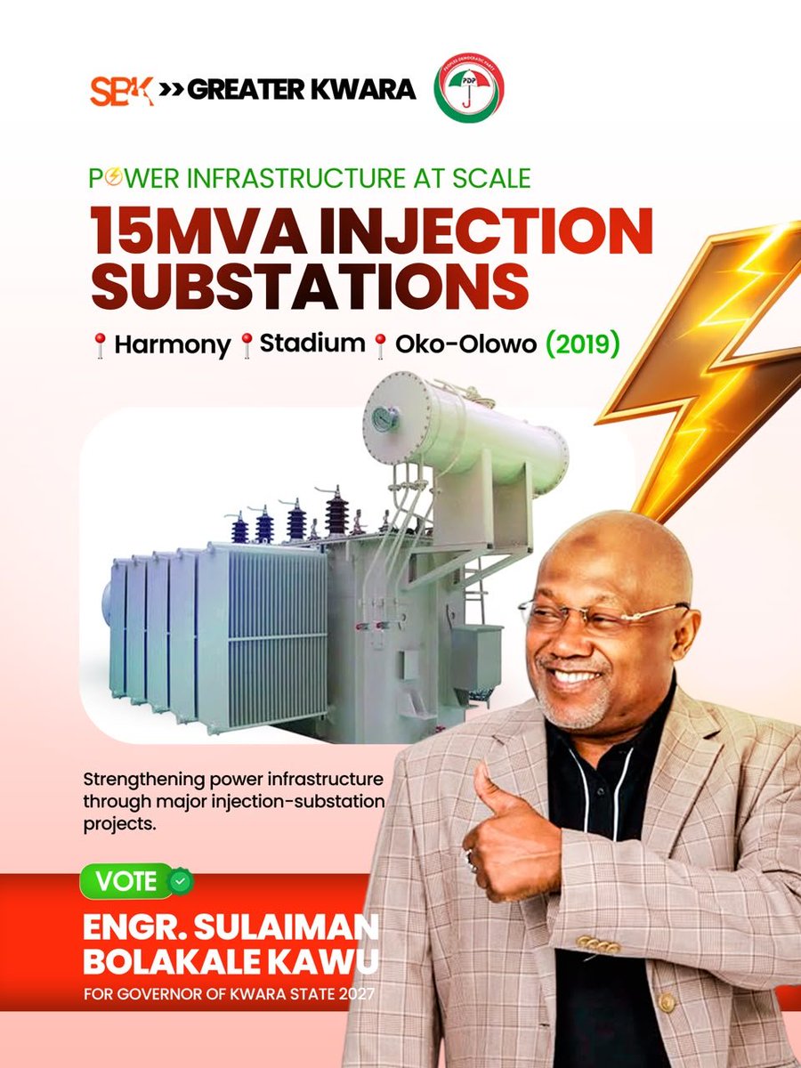 Horllamyday's tweet photo. Reliable electricity is essential for businesses, homes, and growth. Engr Kale Kawu’s power-infrastructure agenda highlights stronger substations and better electricity capacity as part of his vision for a greater Kwara. #SBK2027 

#KawuFawenu #KawuFawenu2027 https://t.co/eq4MagrryD