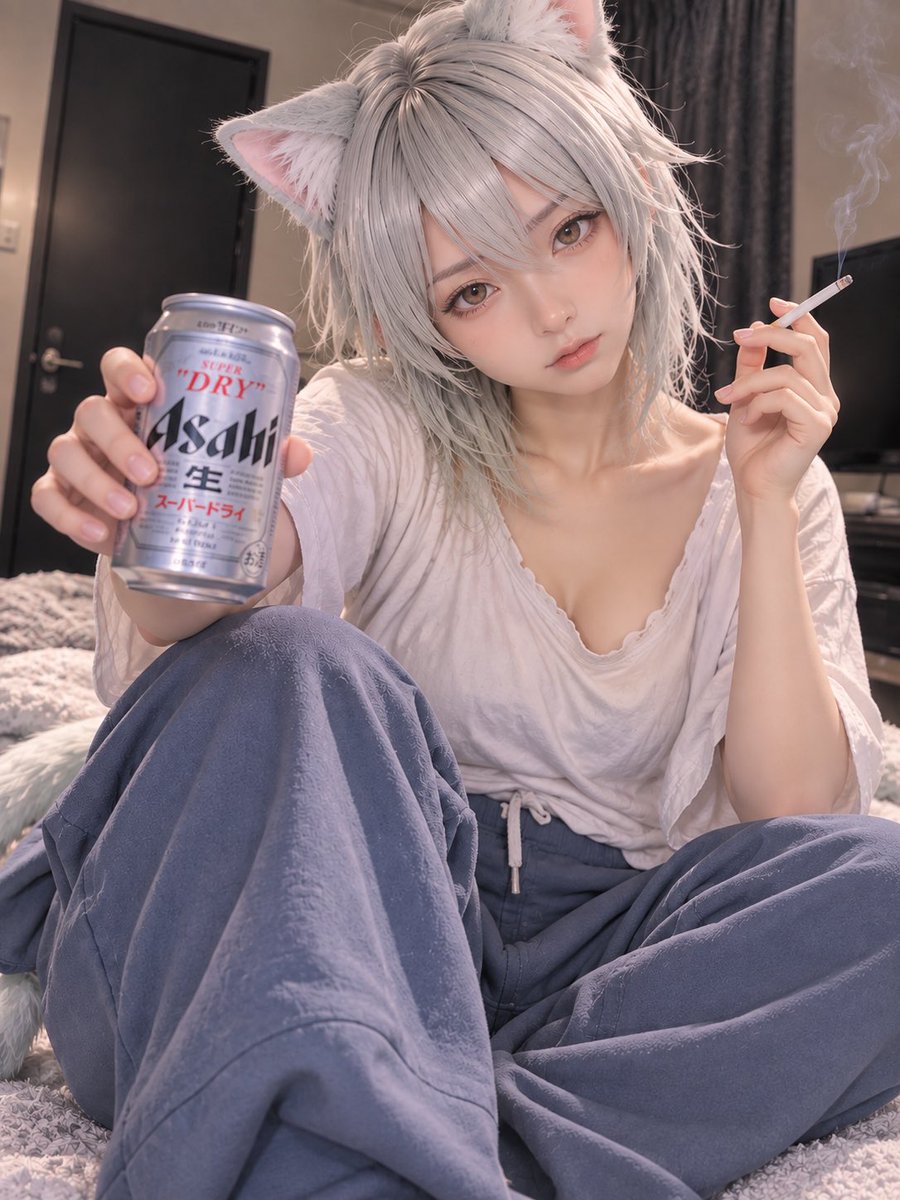 ami_aigirls2's tweet photo. 酒飲んで、タバコ吸って、
コンビニ前でたむろして、最後はトイレ。

……こんな猫、飼ってくれる？🐾

Yani Neko cosplay 🐈🚬
Beer, cigarettes and zero motivation.
Would you still take me home? 🍺🖤

#ヤニねこ #ヤニネコ #コスプレ #cosplay #AIcosplay #コスプレ女子 #猫耳 #AnimeCosplay https://t.co/YYRfVlQd1V