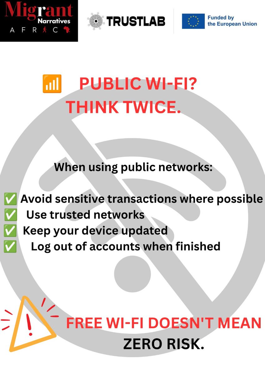 MnarrativesA's tweet photo. Convenience β security .Public Wi-fi & shared hotspots can expose your data .
Protect your story, protect your privacy -choose trusted networks & share wisely . Safety online starts with smart choices .
#DigitalSecurity #DataPrivacy
#MigrantNarrativesAfrica #TrustLabProject
#OnlineSafety