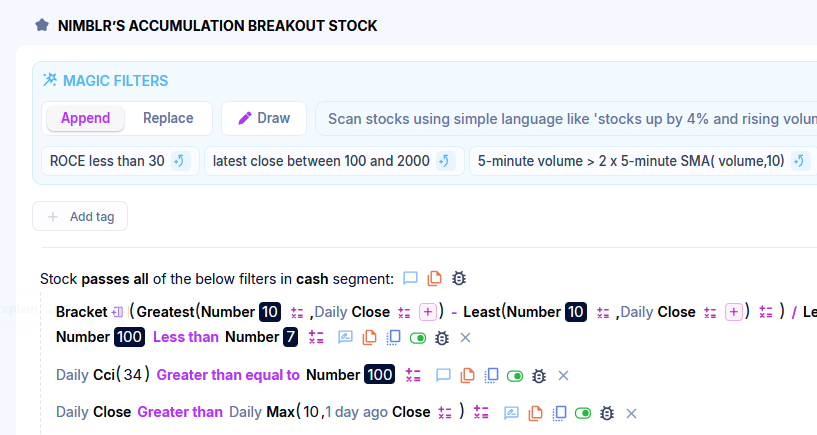 Deishma's tweet photo. Created this Accumulation Breakout Scanner for X family

First 100 who comment & retweet get this link.

This scanner searches for stocks that have spent ✅Roughly 10 sessions in a tight range

✅Developed strong CCI momentum

✅Broken above their prev 10day closing resistance

✅And are attracting unusually high intraday volume.

#stockstowatch #nse