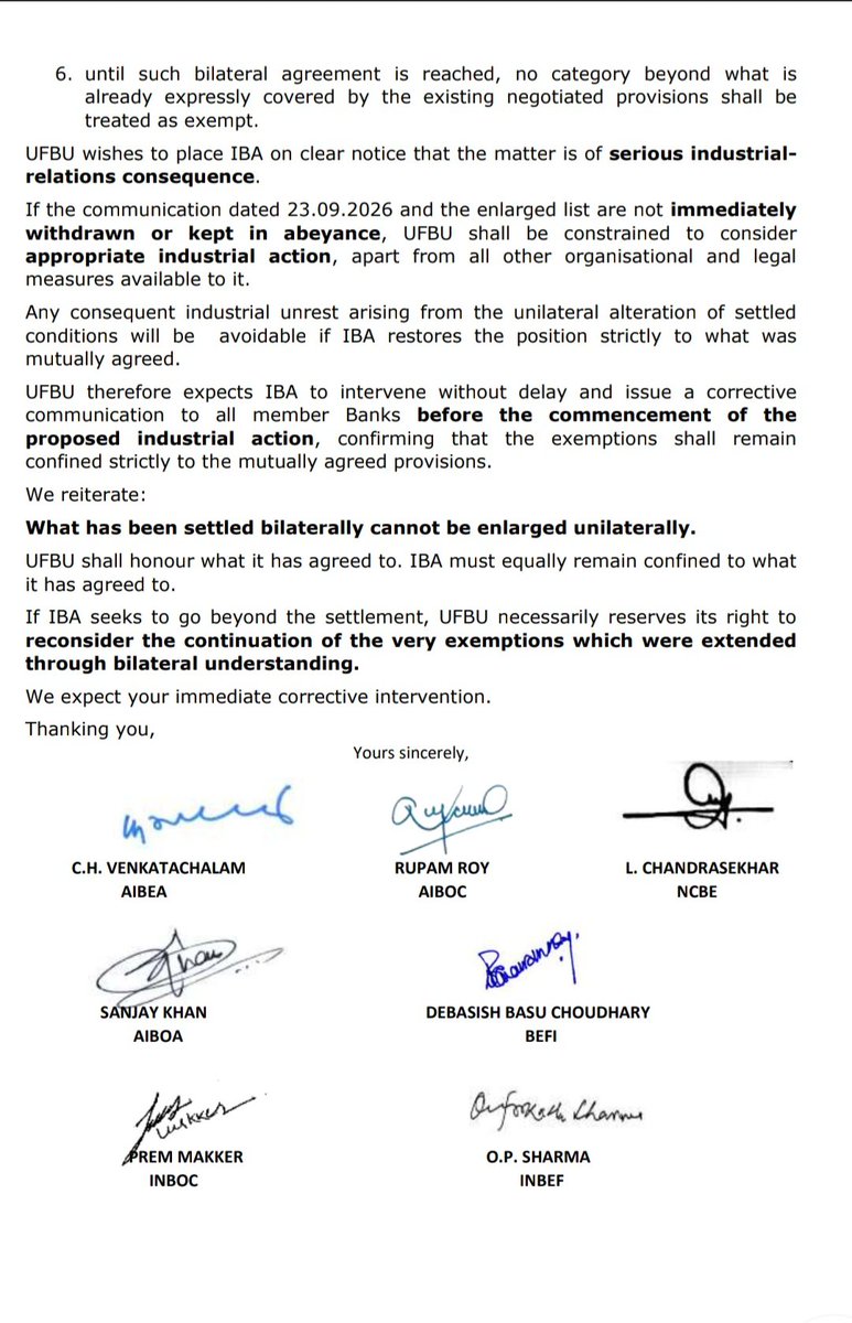 UFBUIndia's tweet photo. We strongly opposes IBA's unilateral enlargement of strike exemptions, violating the Bipartite Settlement. IBA must withdraw its 23.09.2026 letter or face industrial action!  
​"What is settled bilaterally cannot be enlarged unilaterally".
 #BankStrike 
@ChairmanIba @DFS_India https://t.co/6lpebb11f5