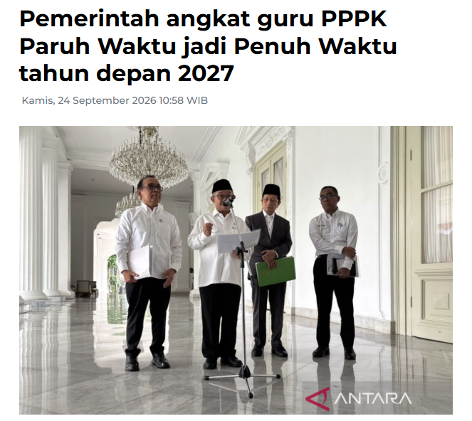 Jellydrink_xbt's tweet photo. Mulai 2027, guru berstatus PPPK paruh waktu akan beralih menjadi PPPK penuh waktu. 🇮🇩✨⁠
⁠
Menteri Pendidikan Dasar dan Menengah Abdul Mu'ti mengatakan perubahan status tersebut merupakan bagian dari komitmen pemerintah untuk meningkatkan kesejahteraan sekaligus kualitas guru.⁠
⁠
💰 Tak hanya perubahan status, gaji dan tunjangan guru PPPK penuh waktu akan didukung pembiayaannya oleh pemerintah pusat.⁠
⁠
Sementara itu, guru non-ASN tetap mendapat kesempatan mengikuti seleksi PNS atau PPPK. Bagi yang belum lulus, guru non-ASN di sekolah negeri dapat memperoleh gaji melalui dana BOS, dengan hingga 20% dana BOS dapat digunakan untuk operasional dan gaji guru non-ASN.⁠
⁠
🎓 Pemerintah juga menyiapkan berbagai program pelatihan untuk meningkatkan kapasitas dan kualitas guru, dengan pembiayaan yang diupayakan melalui APBN.⁠
