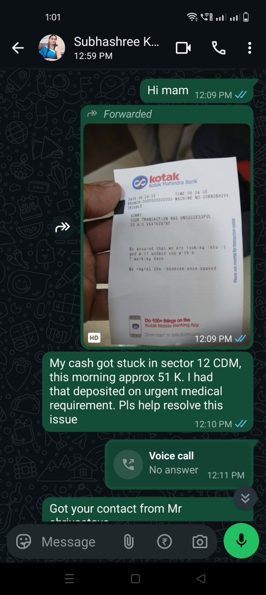 sharmaashish121's tweet photo. @KotakCares @KotakBankLtd @udaykotak
URGENT CUSTOMER COMPLAINT 🚨
Today, 24 Sept 2026 at approx. 8:04 AM, I deposited approximately ₹51,000 cash through a Kotak CDM at Sector 12.
The machine accepted the cash, but the transaction failed and the machine issued a receipt saying https://t.co/DXNHIzSxnJ