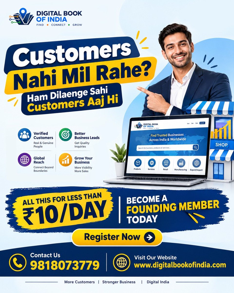 DigitalBookOfIN's tweet photo. Your business isn't the problem. Your visibility is.

Digital Book of India's AI connects you with customers actively searching for what you offer — not just another listing lost in the crowd.

Comment "LEADS" or DM us.

https://t.co/aPEO5j2ydb

#DigitalBookOfIndia https://t.co/phzshHEzj2