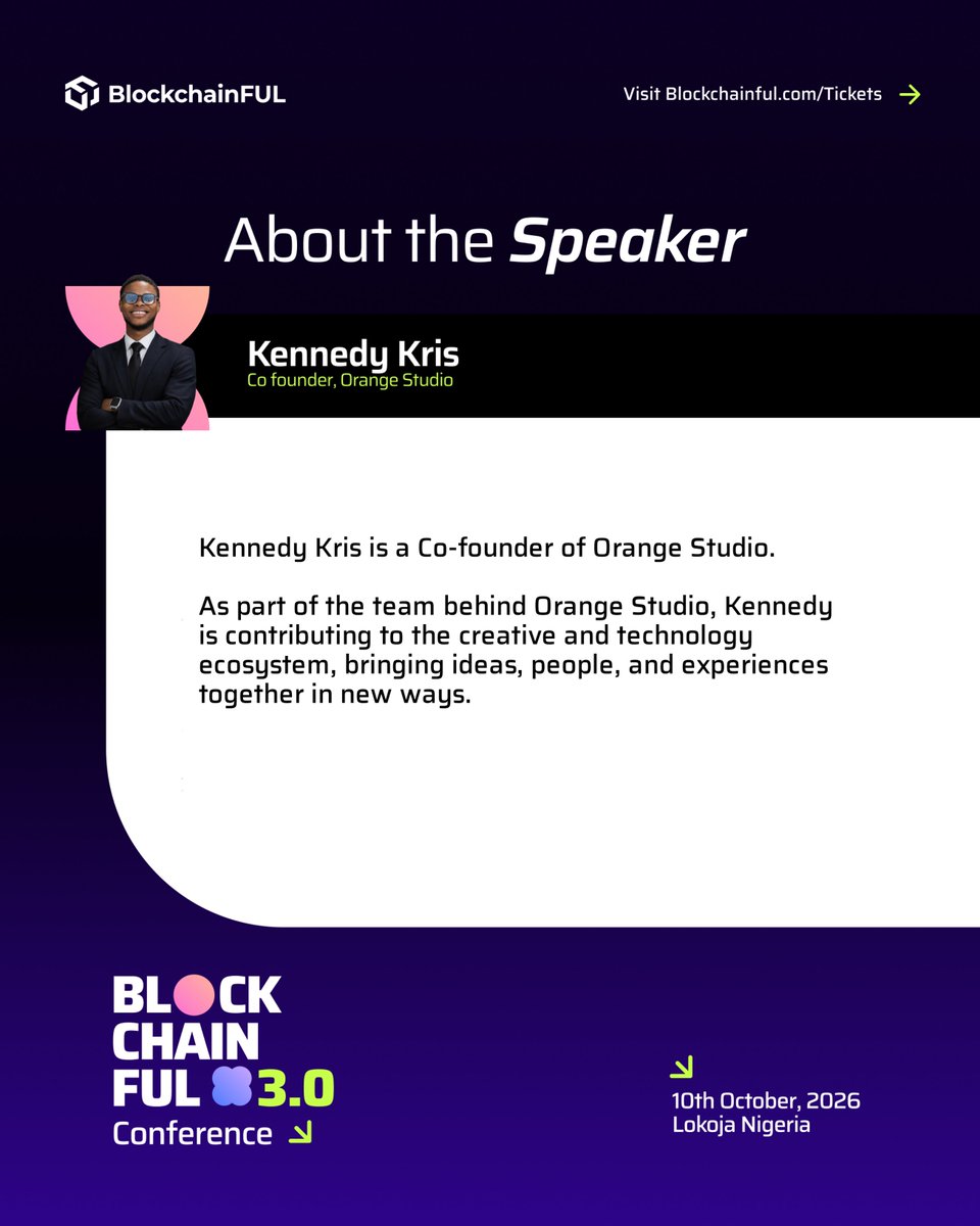 BlockchainFul's tweet photo. We’re pleased to welcome Kennedy Kris, Co-founder of Orange Studio, as a Speaker at #BlockchainFULConference2026.
As part of the team behind @orangestudiohq, Kennedy is contributing to the creative and technology ecosystem, bringing ideas, people, and experiences together in new ways.
We’re looking forward to having him join the conversation at this year’s conference.
Join Kennedy on October 10th.
🎟️ Get your ticket at https://t.co/LDxx8i3FcA