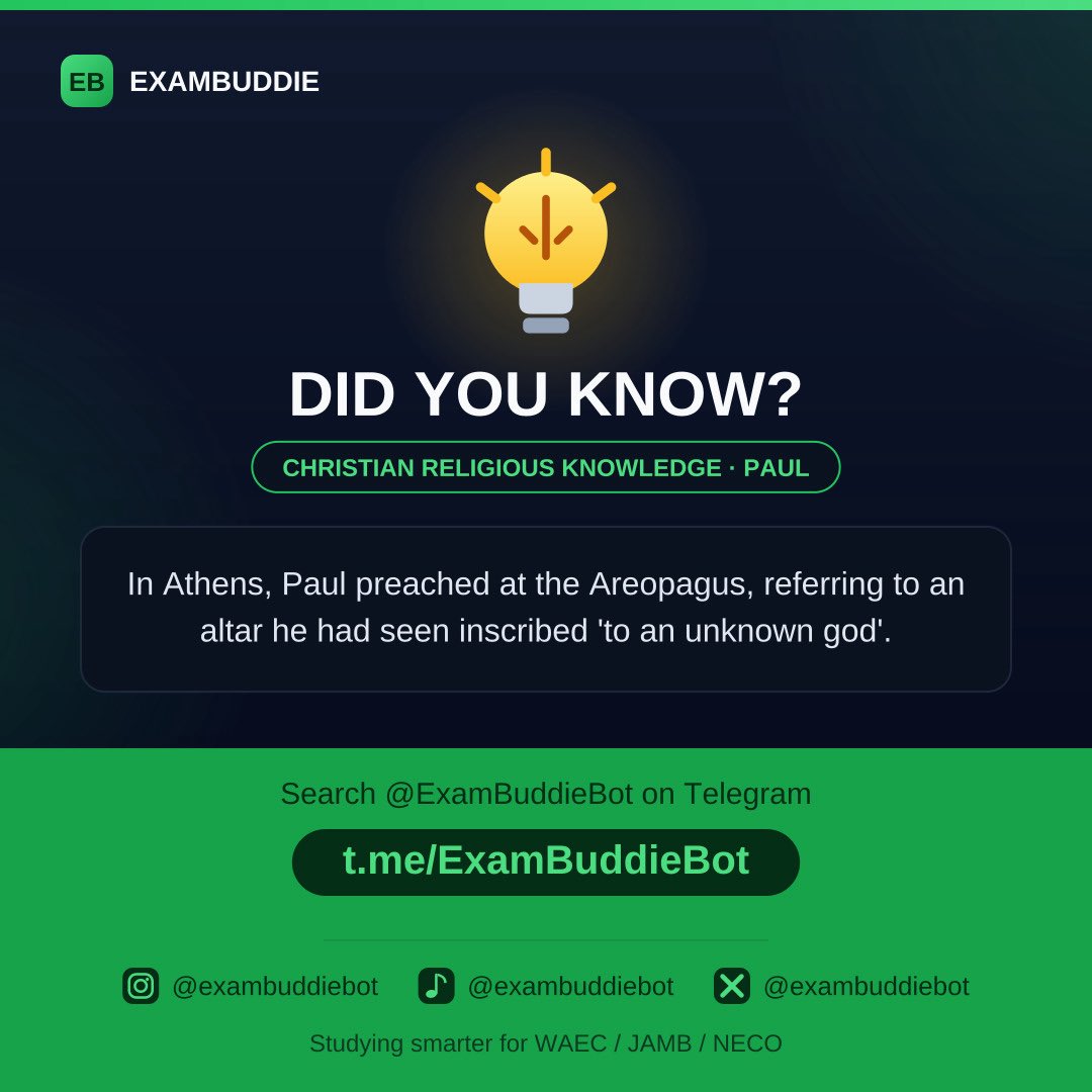 ExamBuddieBot's tweet photo. Did you know that?
#WAEC #JAMB #NECO
#DIDYOUKNOW
#NAIJASTUDENTS
https://t.co/853bgolFqT to get started https://t.co/hwhDKoLirb