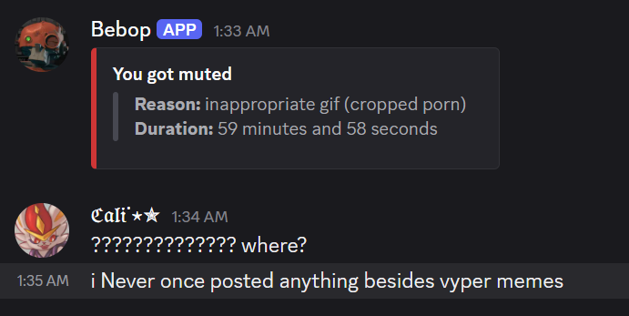 ItsCalibanz's tweet photo. THEY SHOT ME DEAD FOR POSTING VYPER MEMES IN THE #Deadlock chat I NEVER ONCE POSTED A GIF THAT WASNT AN EDITED VERSION OF ONES ALREADY BEING SPAMMED LAST THING I SENT WAS https://t.co/RQyfDlxj24