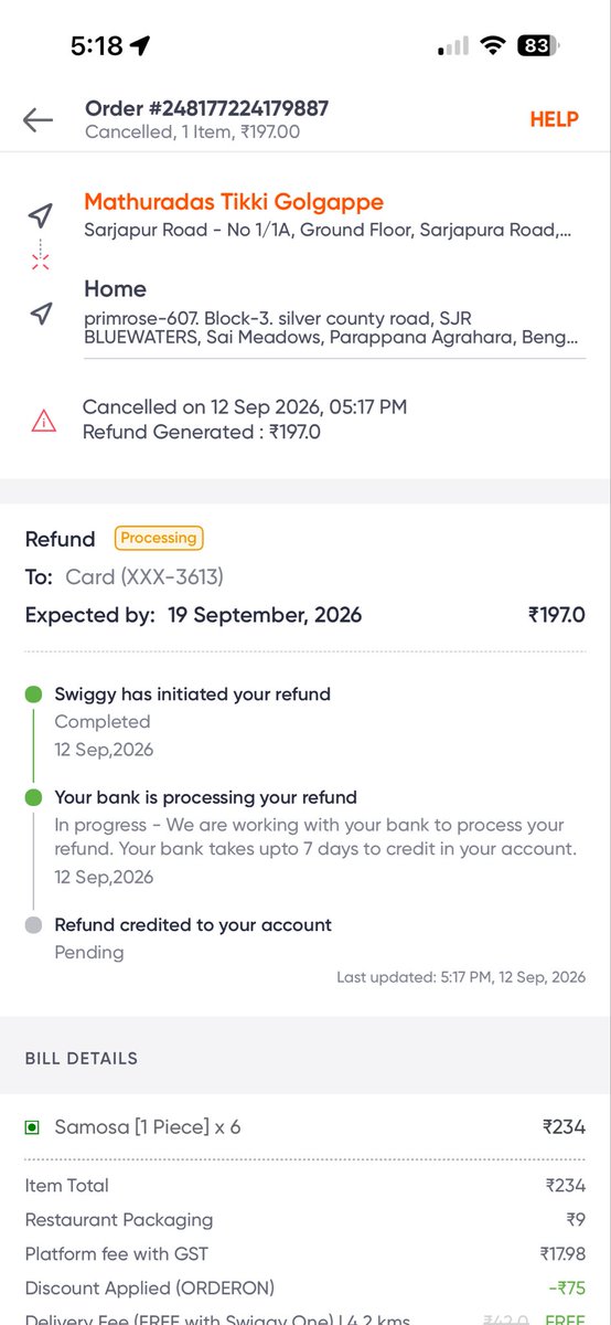 rahul0283's tweet photo. @harshamjty - let me share quick example- i ordered Samosa which was showing 15 min for delivery but waited for 1.5 hours still didnt got those.. finally have to cancel and loose my face infront of relatives https://t.co/ZyllpuPJyb