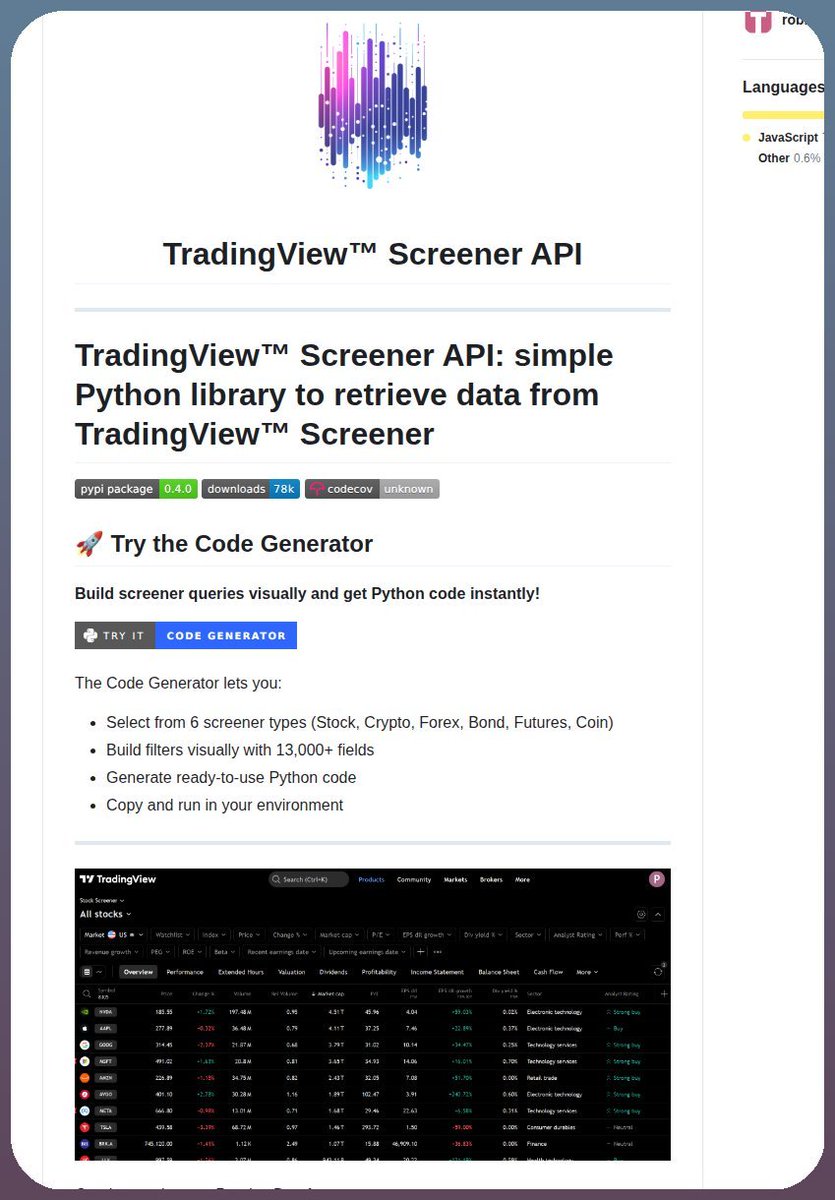 quantscience_'s tweet photo. this simple Python library retrieves data from TradingView Screener

it features a visual code generator that creates ready-to-run scripts for over 13,000 fields across stocks, crypto, forex, bonds, futures, and coins

get it here: https://t.co/lD0zD9vWmg