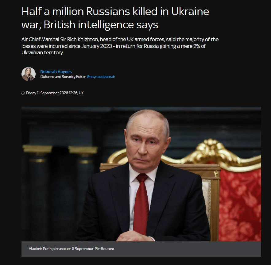 ConflictTR's tweet photo. İngiliz askeri istihbaratı, Rusya'nın Şubat 2022'de Ukrayna'ya yönelik kapsamlı işgalini başlatmasından bu yana 500.000 Rus askerinin hayatını kaybettiğini tahmin ediyor.

- Sky News https://t.co/TrjxoWRoiJ