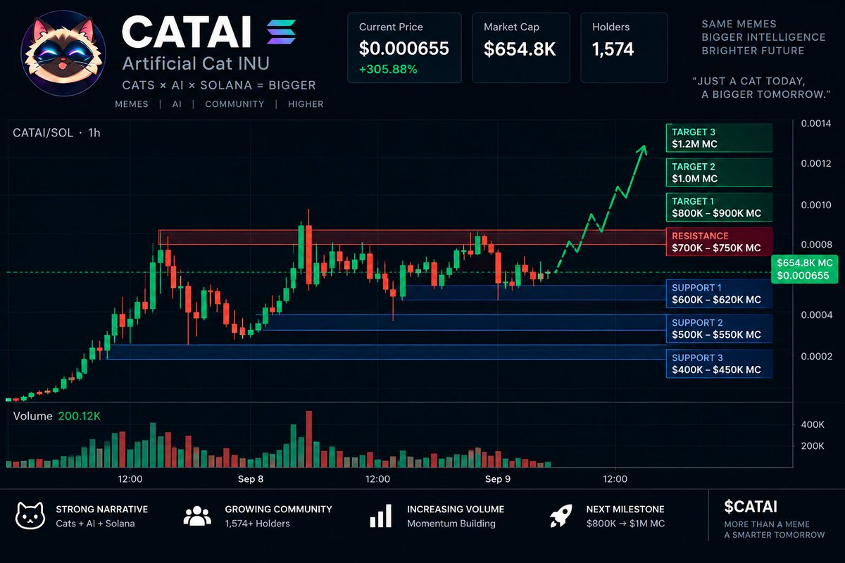 BigMon7_'s tweet photo. $CATAI Thesis

Most people will look at $CATAI after a huge move and immediately say:

“I’m too late.”

That’s usually where they stop thinking.

But the real question isn’t how much it already ran.

The real question is:

How big can the narrative become if attention keeps compounding?

$CATAI sits at the intersection of three of the strongest internet forces:

Cats. AI. Solana.

Cats already dominate internet culture.

AI is one of the biggest narratives in crypto and tech.

Solana remains one of the main battlegrounds for high-velocity meme speculation.

That combination gives $CATAI something most random memes don’t have:

A narrative people understand instantly.

No complicated explanation.

No 20-page whitepaper.

You see it once and you get it.

That matters because meme coins are ultimately competing for attention, identity, community, and distribution.

If $CATAI keeps holding its structure, keeps attracting volume, and starts turning holders into promoters, the next phase won’t be driven by fundamentals alone.

It will be driven by reflexivity.

Price goes up → more people notice → more people post → more liquidity enters → the narrative gets stronger.

That’s how small memes become large memes.

I’m not watching $CATAI because it already pumped.

I’m watching it because the market may only be beginning to understand the simplicity of the trade:

CAT + AI + SOLANA.

Sometimes the strongest narratives are the ones that need the fewest words.

$CATAI 🐱🤖

High risk. High volatility. Manage size accordingly.

#CATAI #Solana #Memecoins #AI #Crypto #AICrypto #whale $AI @Aurelius0121 @PoorGoat_