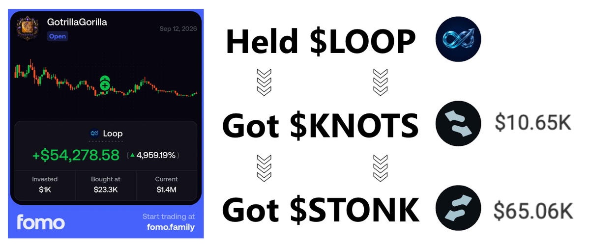 FabianoSolana's tweet photo. Meet @GotrillaGorilla

Bought $LOOP at $23.3K

LOOP (paired with KNOTS) earned him $10K in KNOTS

KNOTS (paired with STONK) earned him $65K in STONK

Ponzi season is back https://t.co/IxlO4bJLaq