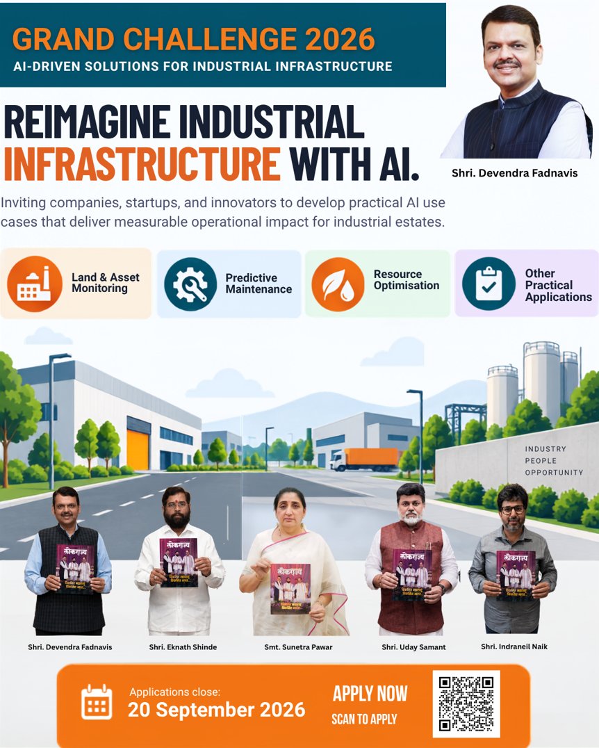 midc_india's tweet photo. AI-DRIVEN SOLUTIONS FOR INDUSTRIAL INFRASTRUCTURE

REIMAGINE INDUSTRIAL INFRASTRUCTURE WITH AI.

What could AI change across an industrial estate?
From monitoring infrastructure and assets to redictive maintenance and resource optimisation, artificial intelligence has the potential to transform how industrial infrastructure is planned, monitored and managed.

The Grand Challenge 2026 invites companies, startups and innovators to develop AI-driven solutions for industrial infrastructure.

Potential applications include:
• Land and asset monitoring
• Predictive maintenance
• Resource optimisation
• Other practical applications with measurable operational impact

The challenge is not looking for AI for the sake of AI.
We are looking for practical use cases that can deliver measurable impact for MIDC's operations and industrial estates.

📅 Applications close: 20 September 2026

#GrandChallenge2026 #MIDC #AI #ArtificialIntelligence #IndustrialInfrastructure #AIInnovation #Technology #Startups #Innovation

@CMOMaharashtra @mieknathshinde @SunetraA_Pawar @samant_uday @naikindranil @midc_ceo @MahaDGIPR