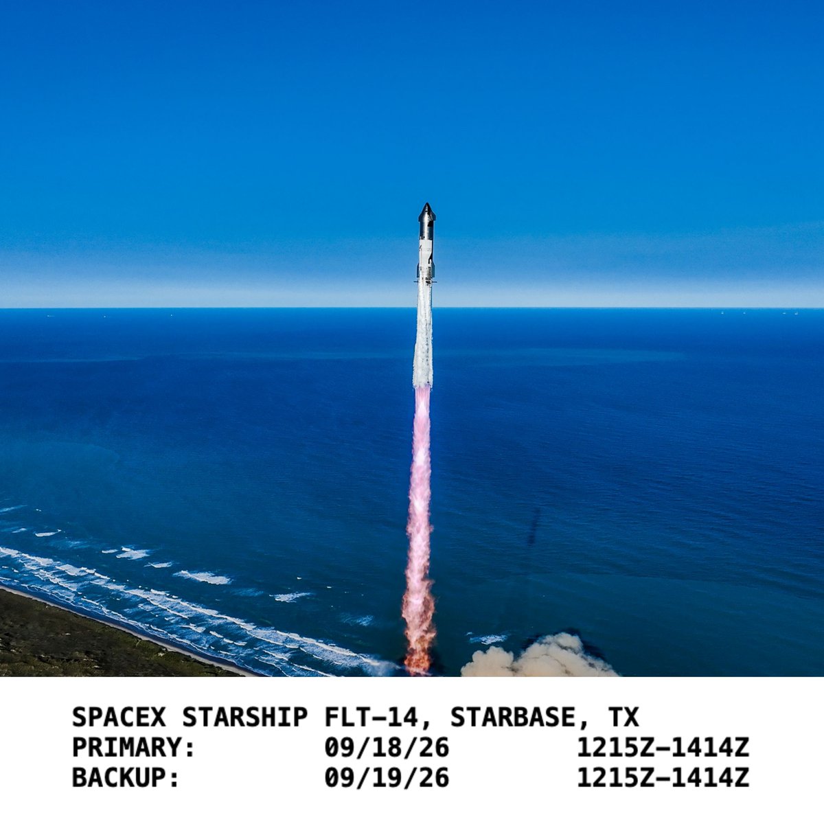 XFreeze's tweet photo. Starship Flight 14 is now listed in the FAA’s latest operations advisory for a September 18 launch

The current launch window runs from 7:15–9:14 AM CDT from Starbase, Texas

And this flight will be a huge milestone:

Flight 14 is set to become Starship’s first revenue-generating mission, carrying production Starlink V3 satellites to orbit

Starship is moving from test flights to actually deploying SpaceX’s next-generation constellation
